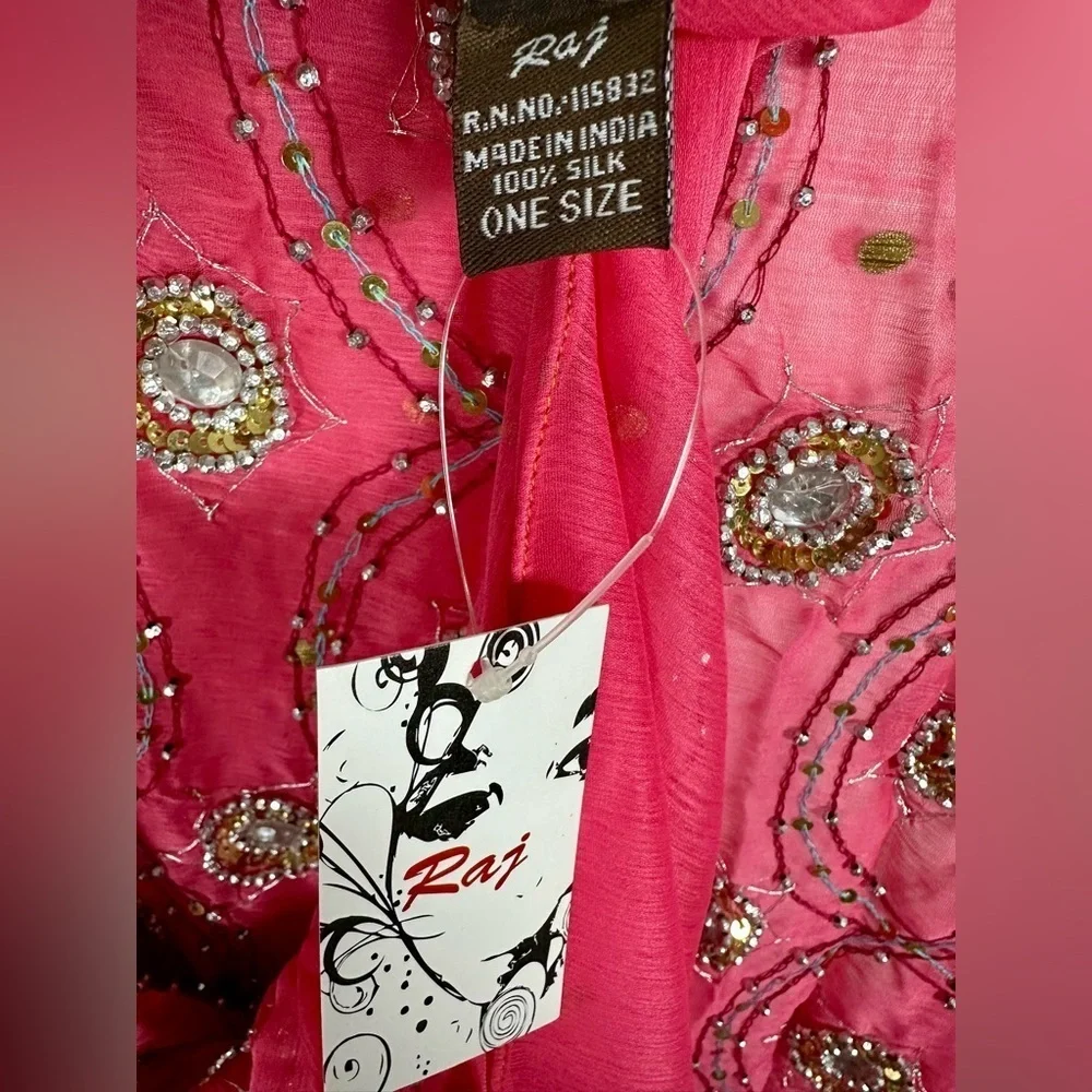 Raj Pink Silk with Gold Embellishments Embroidered Scarf Stunning! 70” x 32”